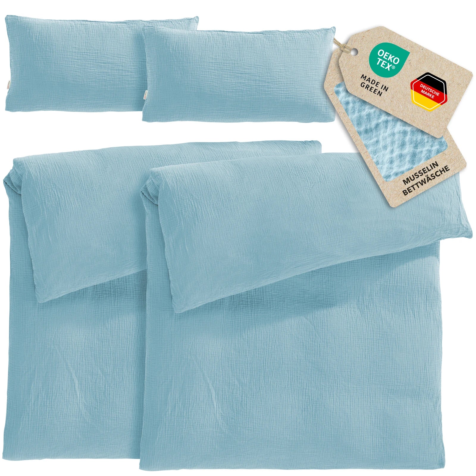Musselin Bettwäsche Sets - Hellblau - 2x135x200 + 2x40x80 cm