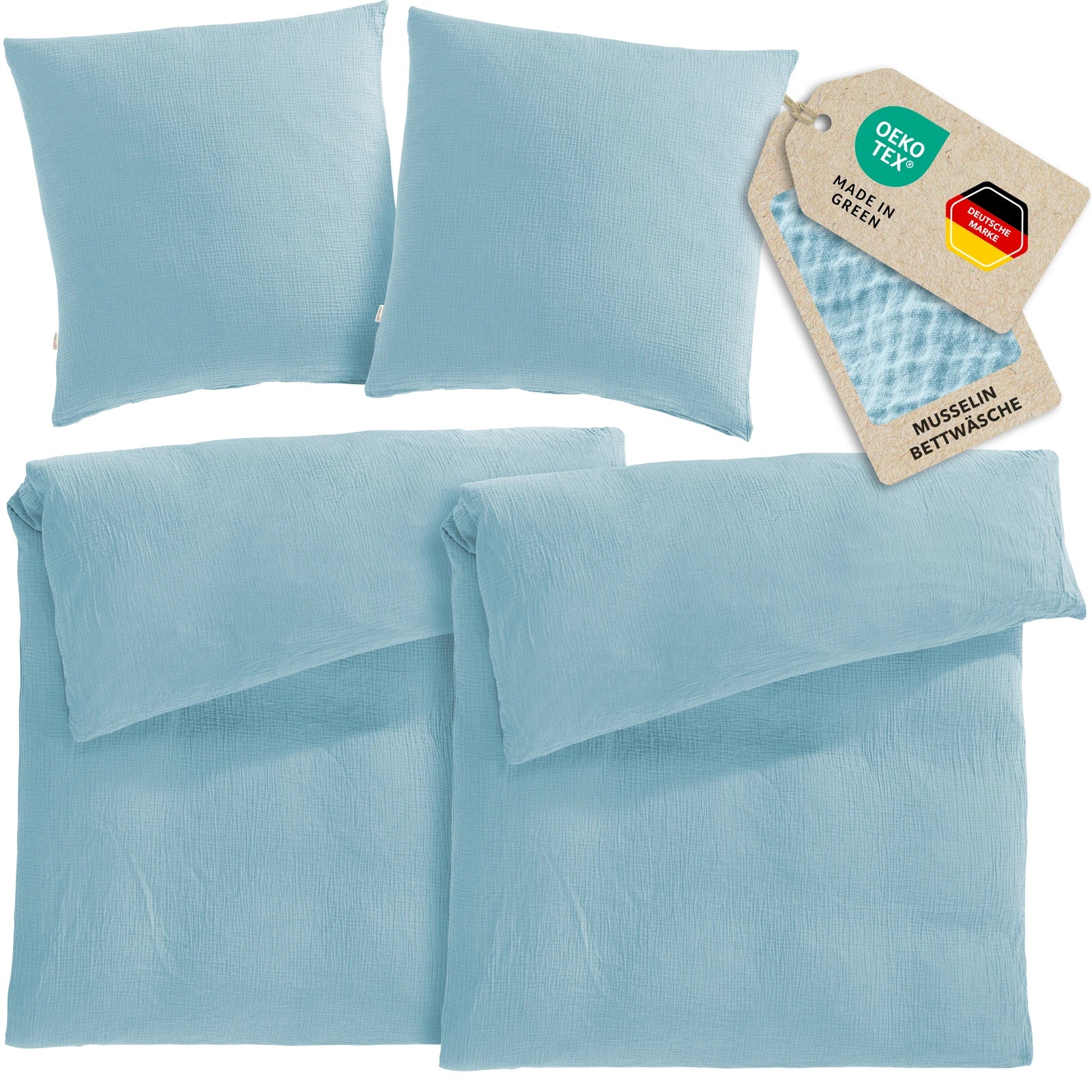 Musselin Bettwäsche Sets - Hellblau - 2x155x220 + 2x80x80 cm