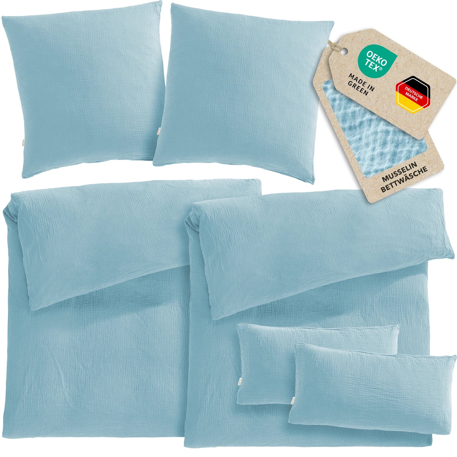 Musselin Bettwäsche Sets - Hellblau - 2x135x200 + 2x80x80 + 2x40x80 cm