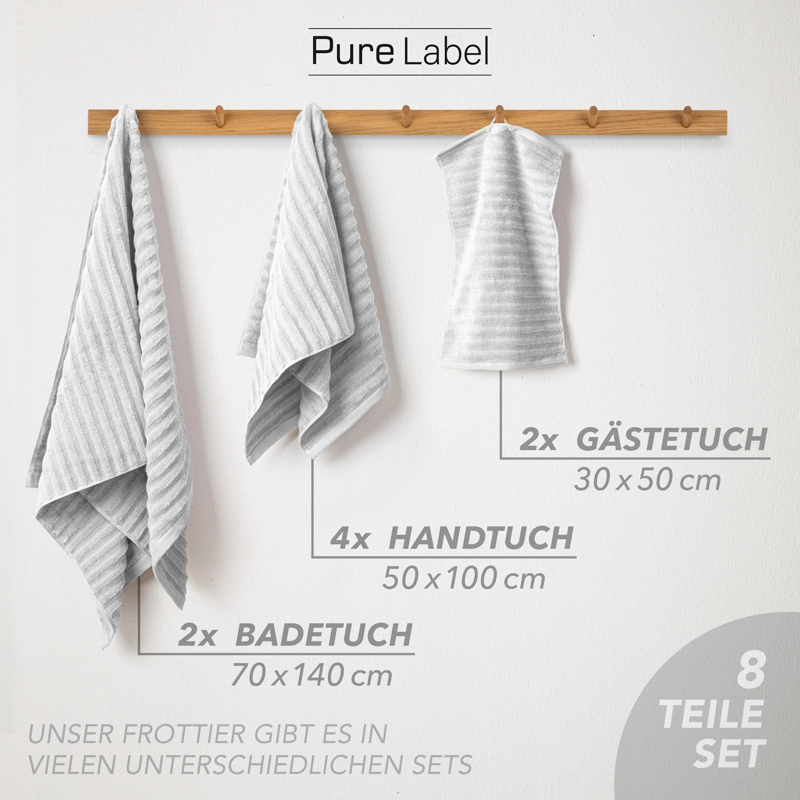 Handtuch Sets "Waves" - Anthrazit / 4x30x50 + 4x50x100 + 2x70x140 cm Pure Label