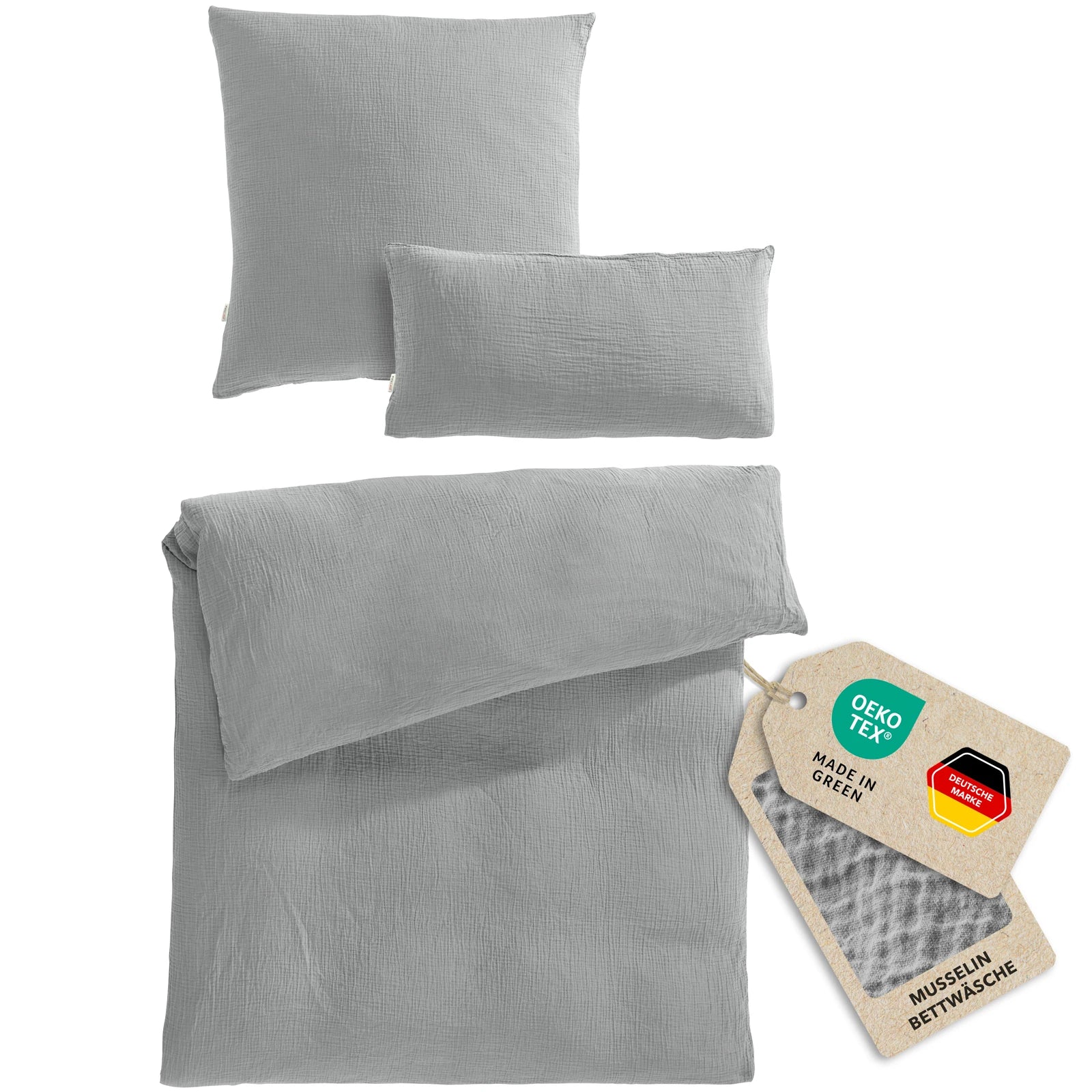Musselin Bettwäsche Einzelbettwäsche - Grau - 155x220 + 80x80 + 40x80 cm