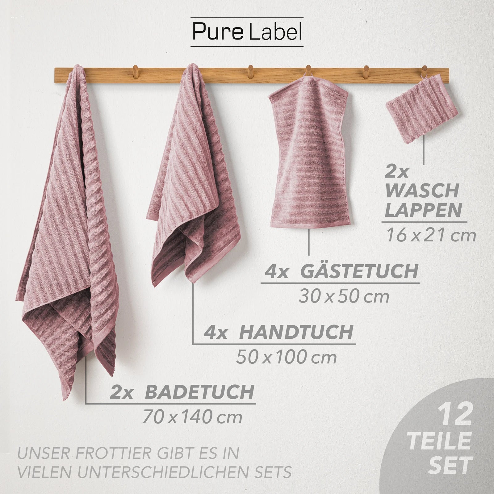 Handtuch Sets "Waves" - Anthrazit / 4x30x50 + 4x50x100 + 2x70x140 cm Pure Label
