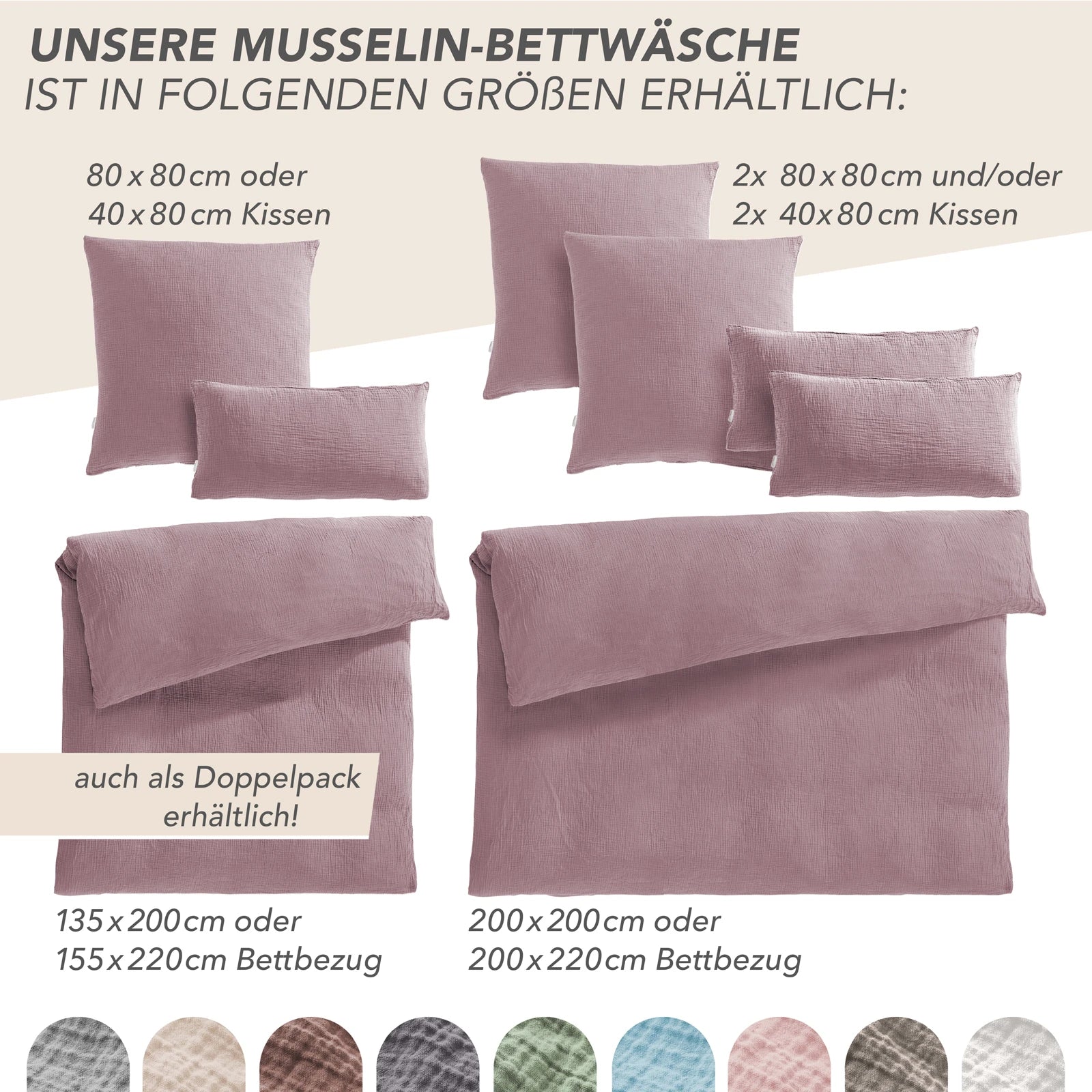 Musselin Kopfkissenbezug - Mauve - 40x80 cm