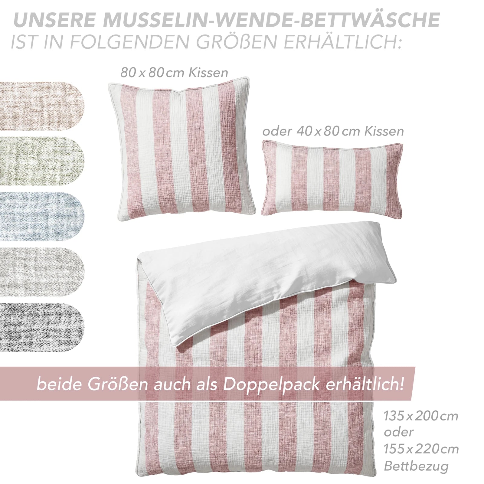 Musselin Bettwäsche  - Mauve - Gestreift  2x155x220 40x80 cm