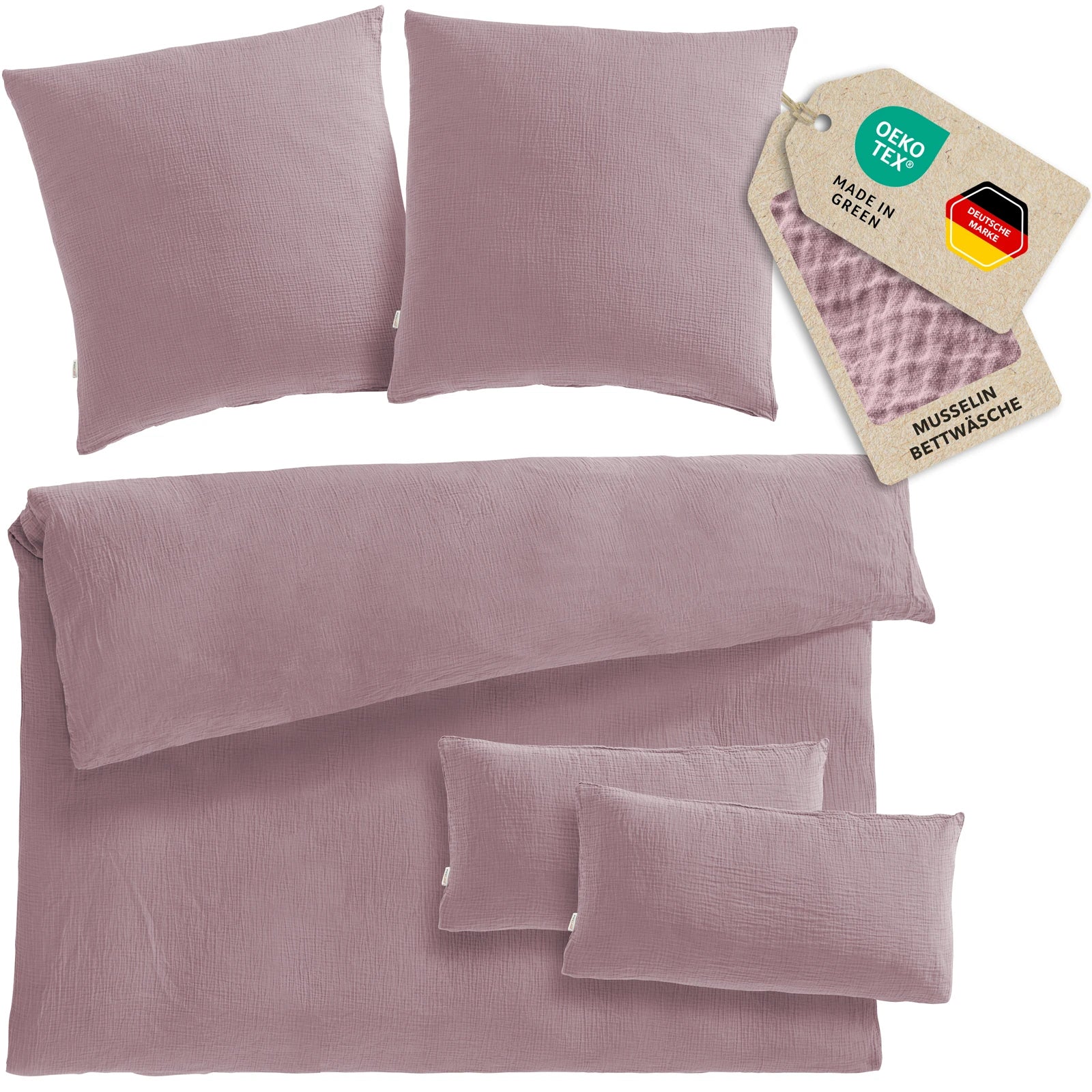 Musselin Bettwäsche Doppelbett - Mauve - 200x200 + 2x80x80 + 2x40x80 cm