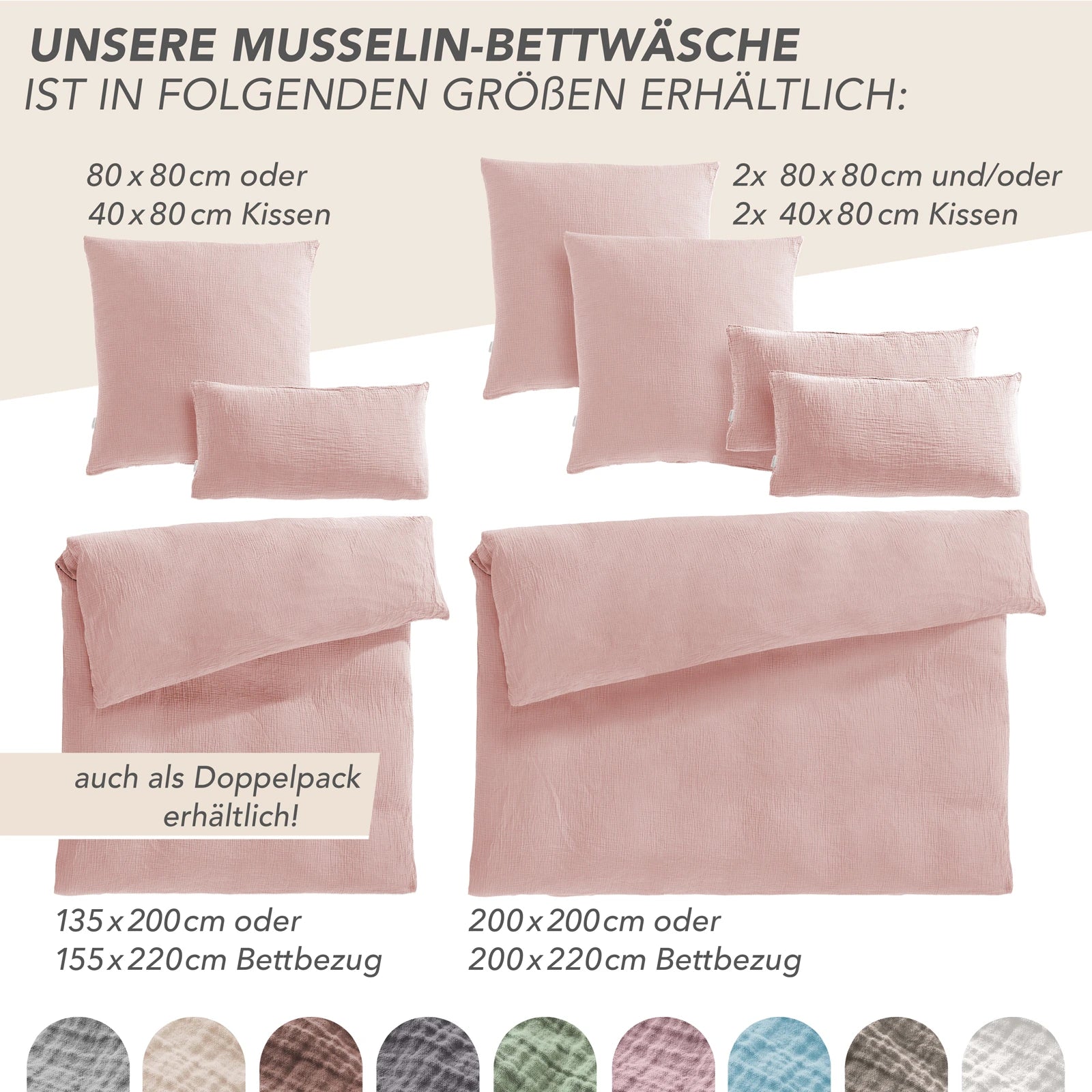 Musselin Kopfkissenbezug - Rosa - 40x80 cm