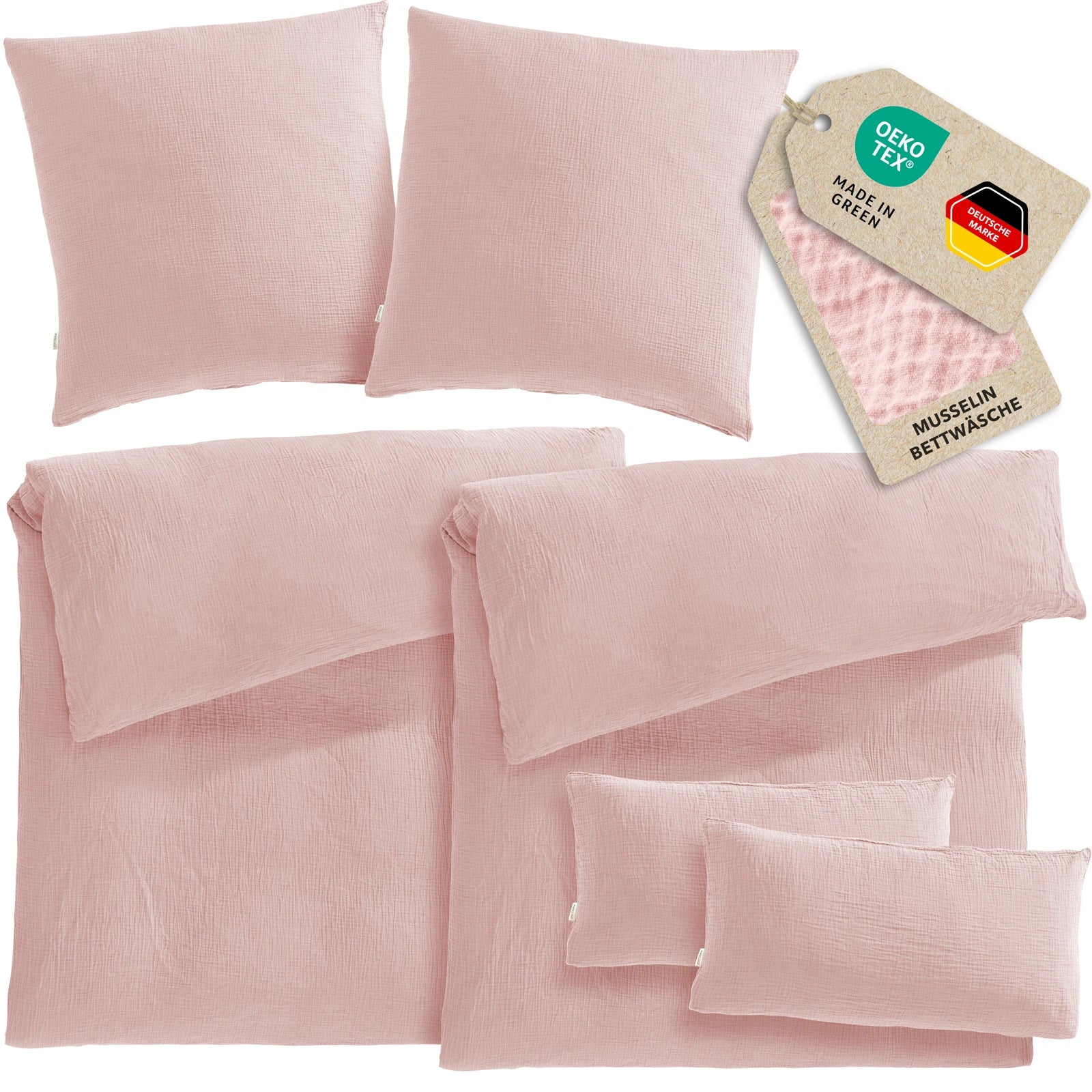 Musselin Bettwäsche Sets - Rosa - 2x155x220 + 2x80x80 + 2x40x80 cm