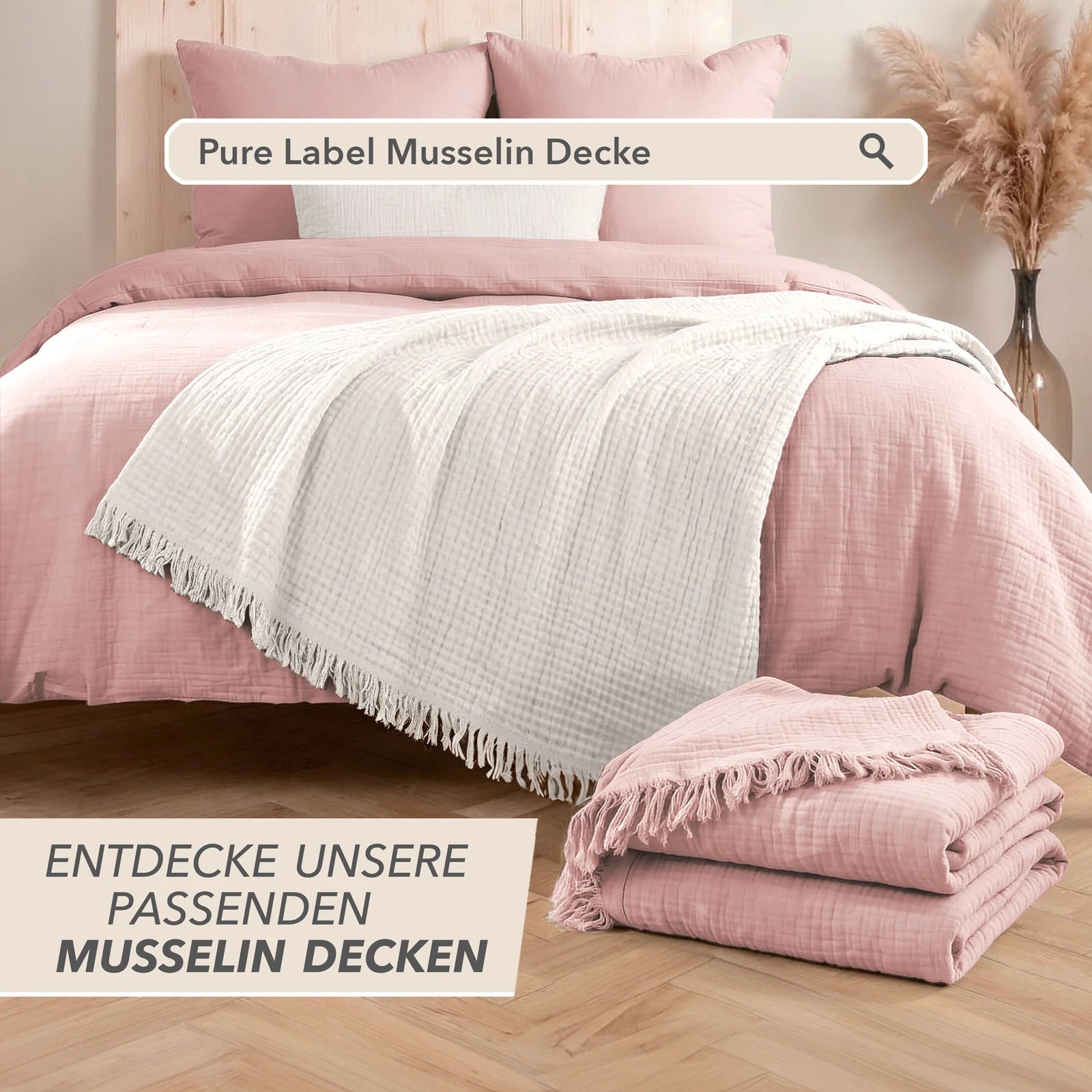 Musselin Bettwäsche Sets - Rosa - 2x155x220 + 2x40x80 cm