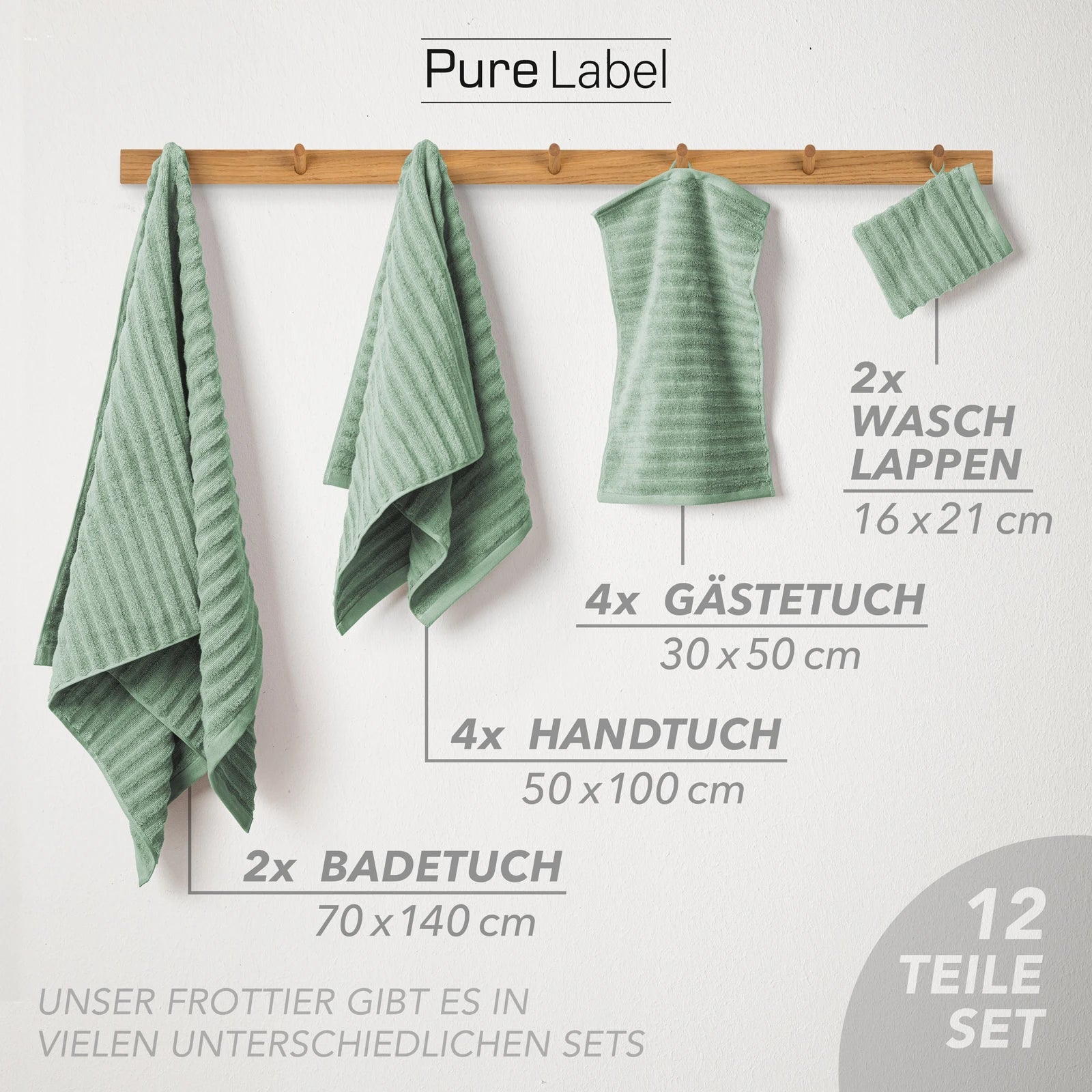 Handtuch Sets "Waves" - Anthrazit / 4x30x50 + 4x50x100 + 2x70x140 cm Pure Label