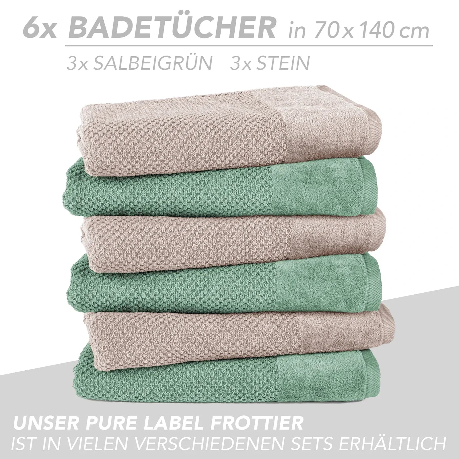 Handtuch Set "Popcorn" - Sableigrün / Stein / 2tlg. 2x70x140 cm Pure Label