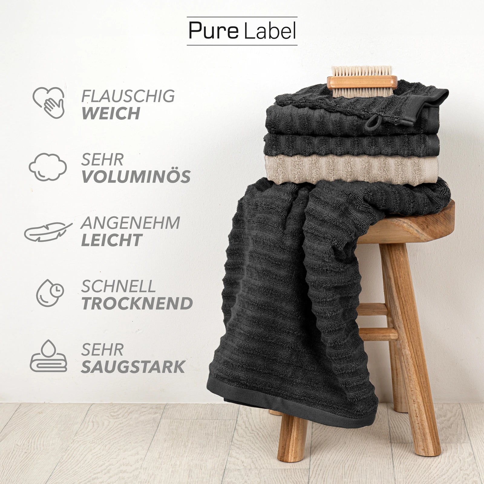 Handtuch Sets "Waves" - Anthrazit / 4x30x50 + 4x50x100 + 2x70x140 cm Pure Label