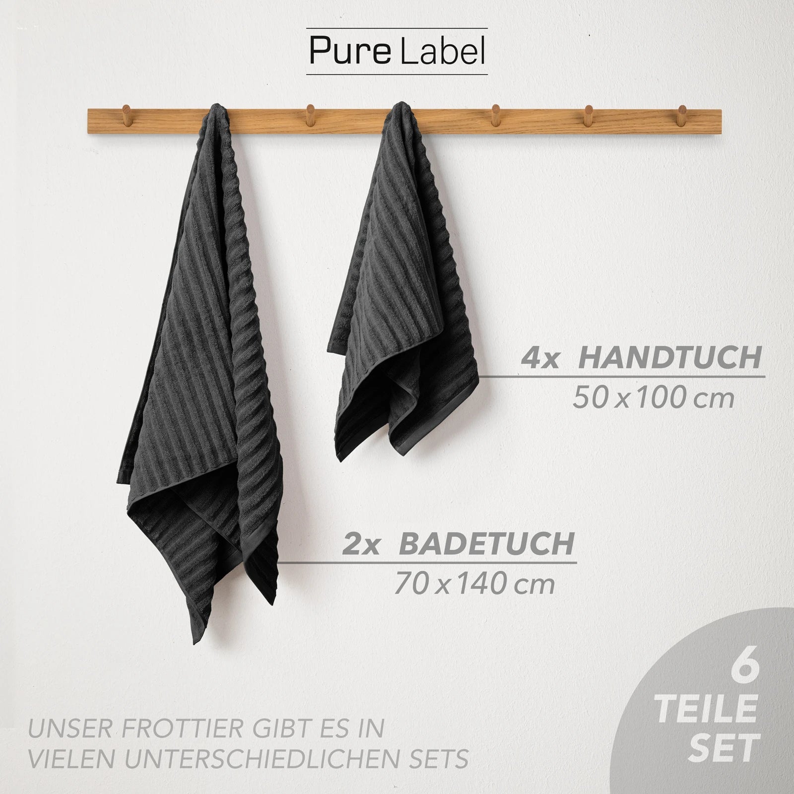 Handtuch Sets "Waves" - Anthrazit / 4x30x50 + 4x50x100 + 2x70x140 cm Pure Label