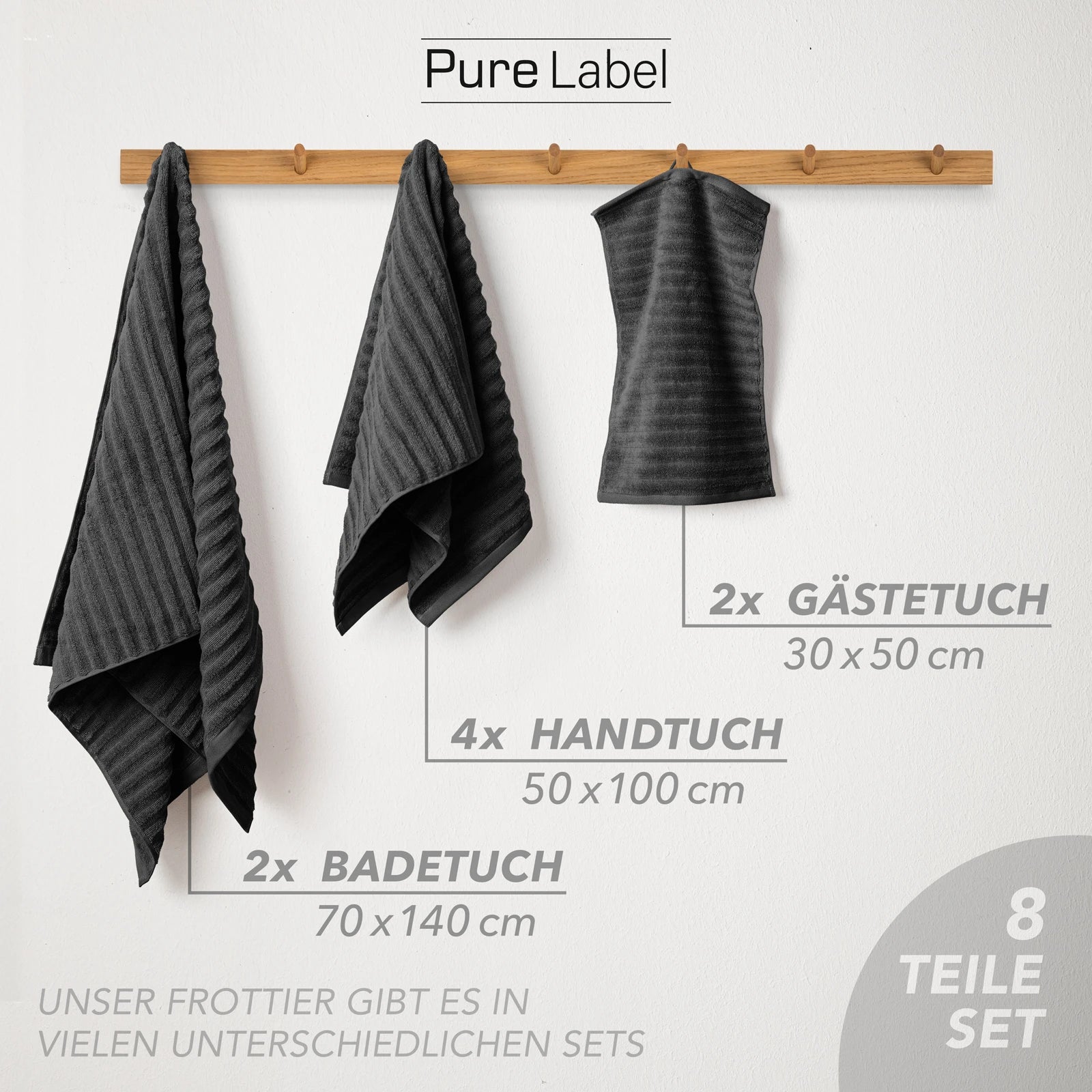 Handtuch Sets "Waves" - Anthrazit / 4x30x50 + 4x50x100 + 2x70x140 cm Pure Label