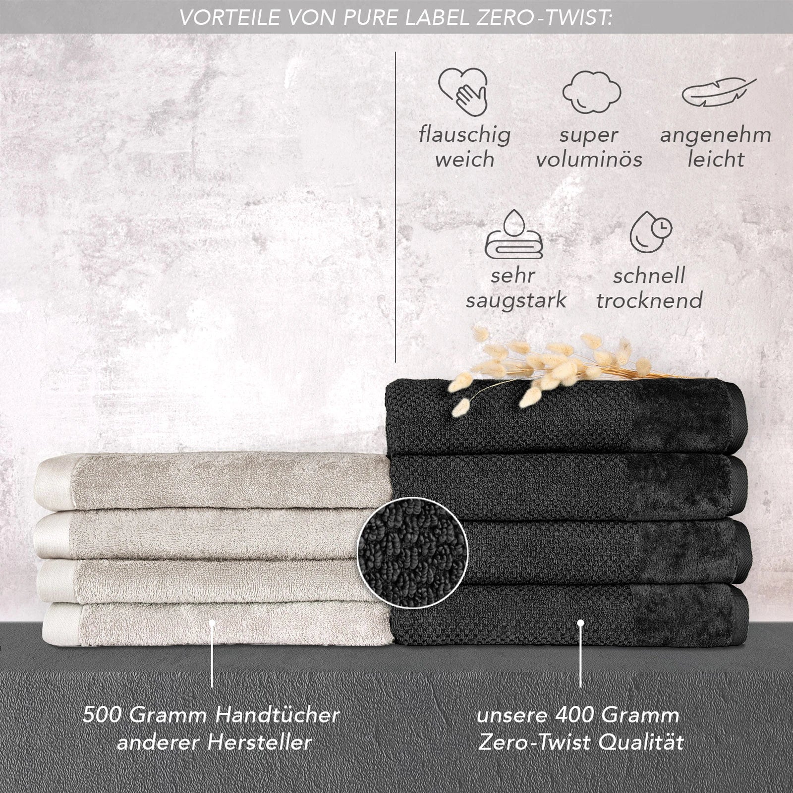 Handtuch Sets "Popcorn" - Anthrazit / 2x50x100 + 2x70x140 cm Pure Label