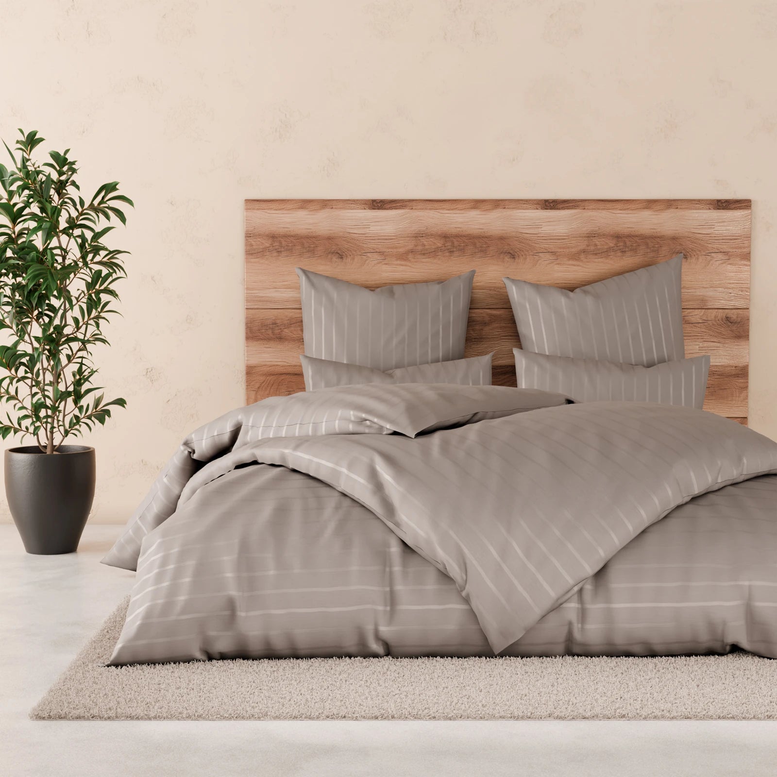 Bettwäsche Mako Satin mit Streifen - Taupe - 2x135x200 + 2x80x80cm