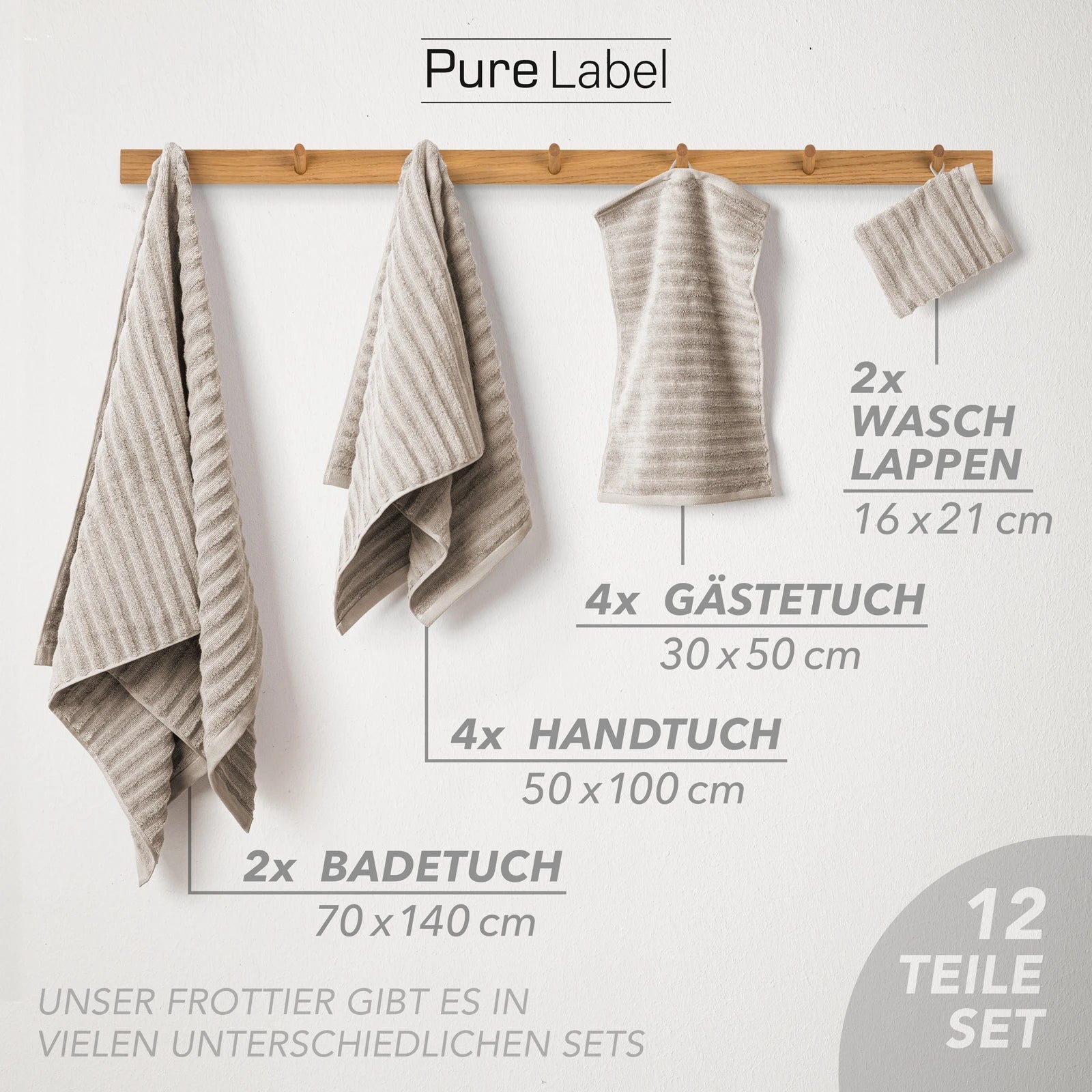 Handtuch Sets "Waves" - Anthrazit / 4x30x50 + 4x50x100 + 2x70x140 cm Pure Label