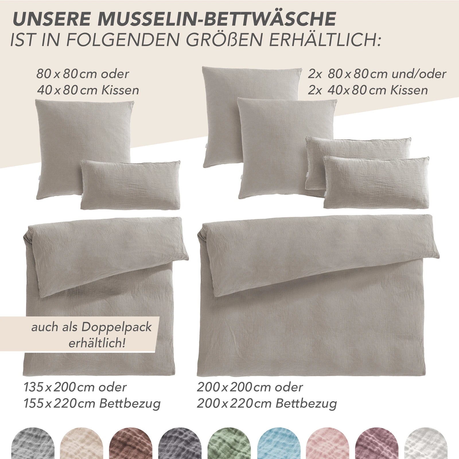 Musselin Bettwäsche Sets - Taupe - 2x155x220 + 2x40x80 cm