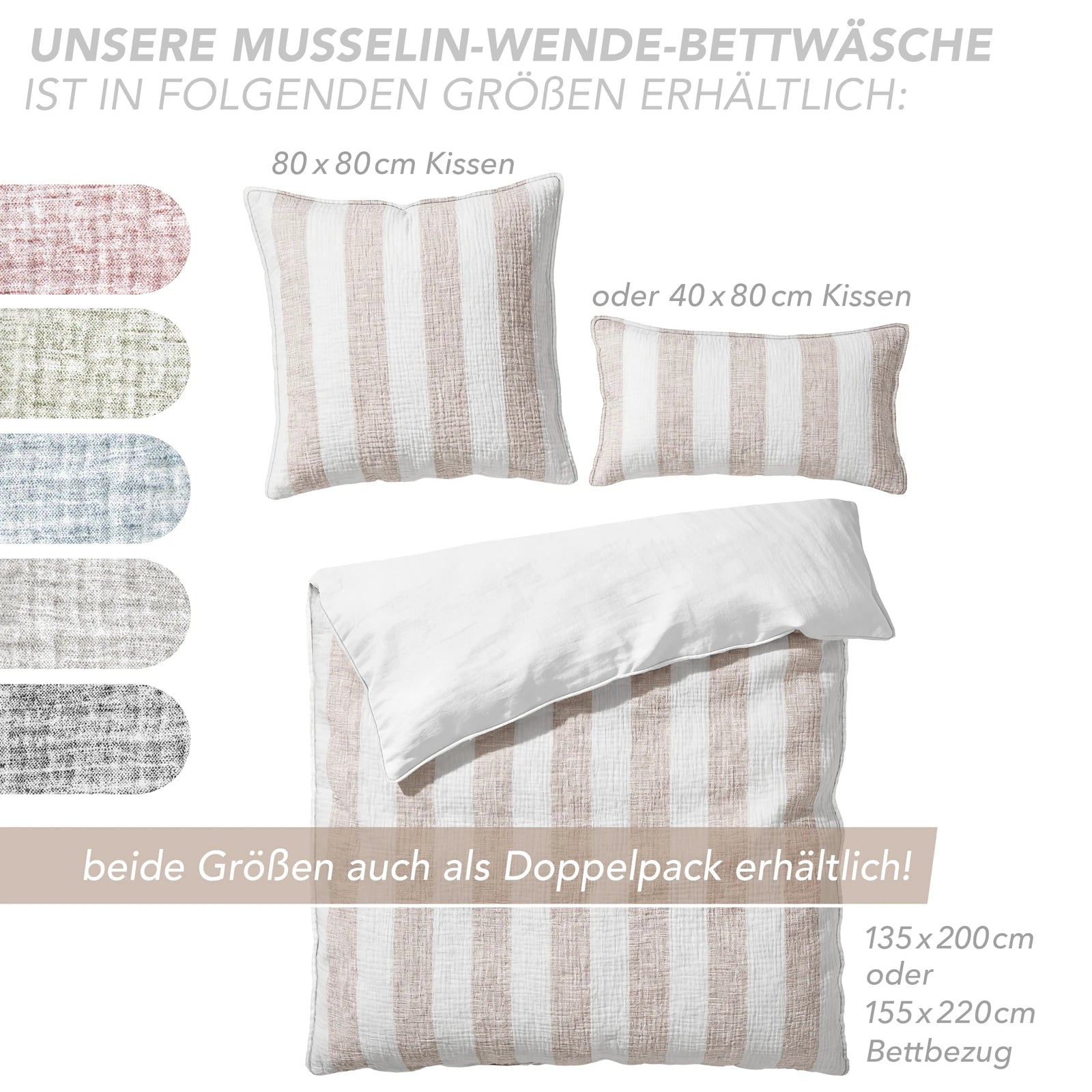 Musselin Bettwäsche  - Beige - Gestreift  135x200 40x80 cm