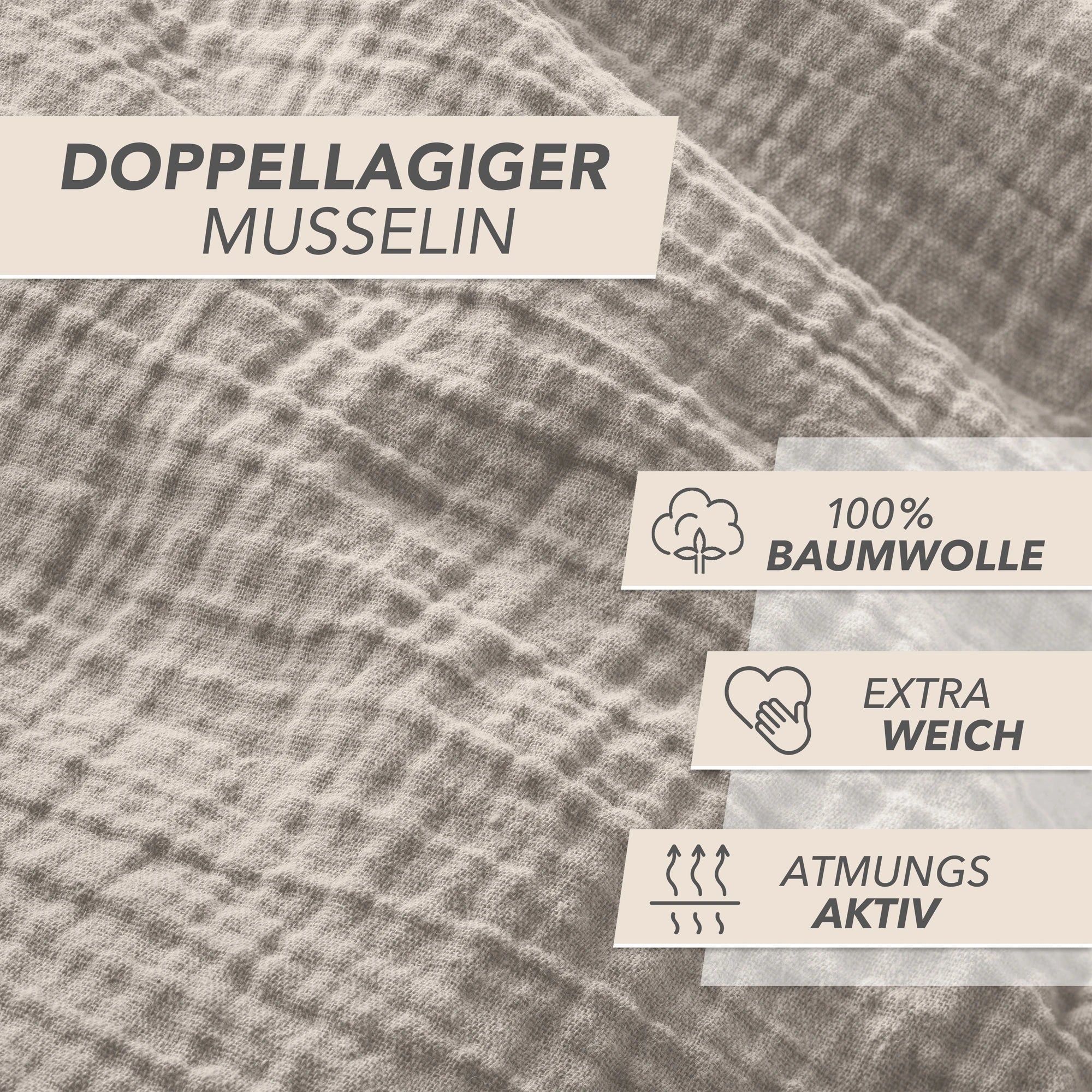 Musselin Bettwäsche Sets - Taupe - 2x155x220 + 2x40x80 cm