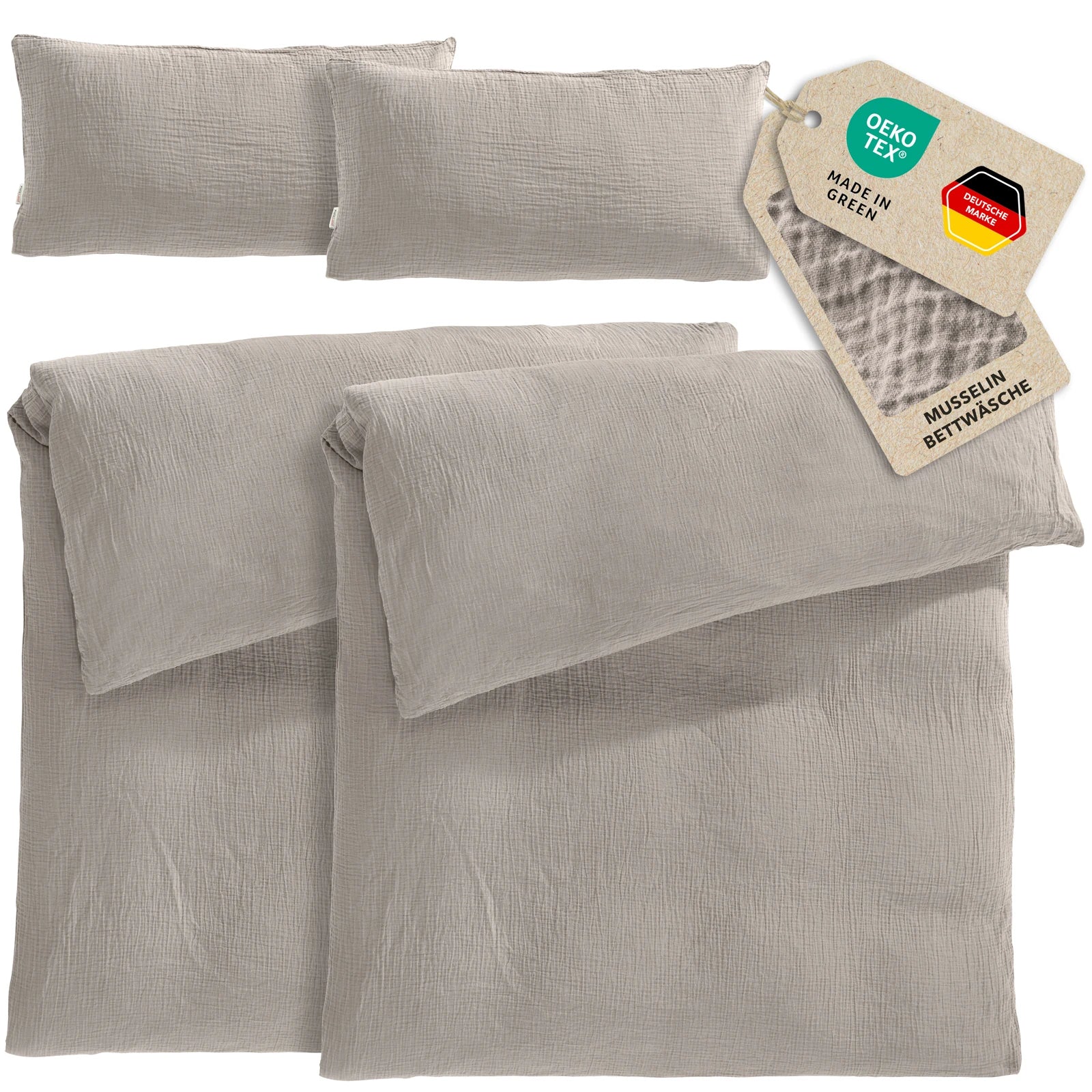 Musselin Bettwäsche Sets - Taupe - 2x155x220 + 2x40x80 cm