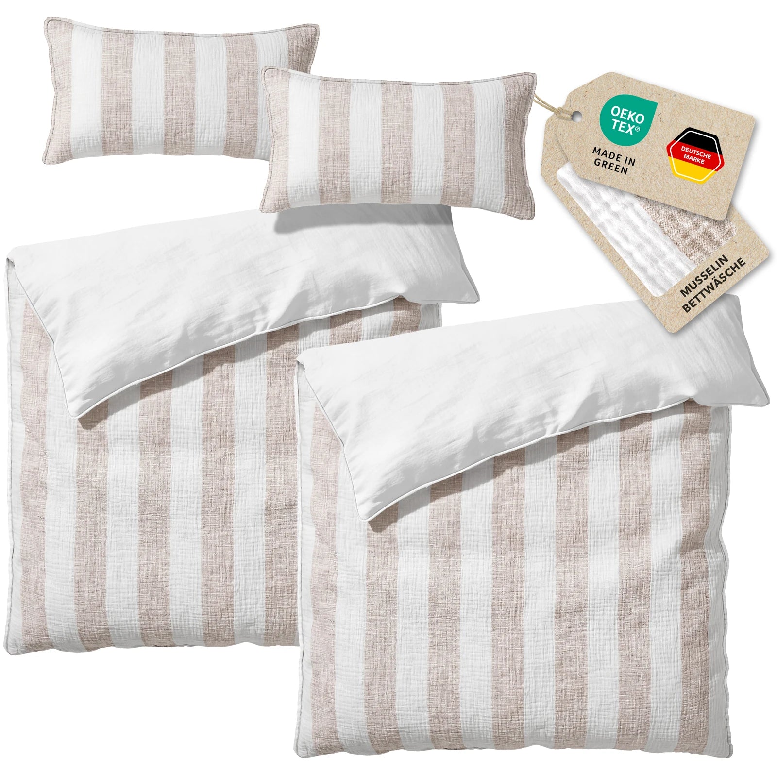 Musselin Bettwäsche  - Beige - Gestreift  2x155x220 40x80 cm