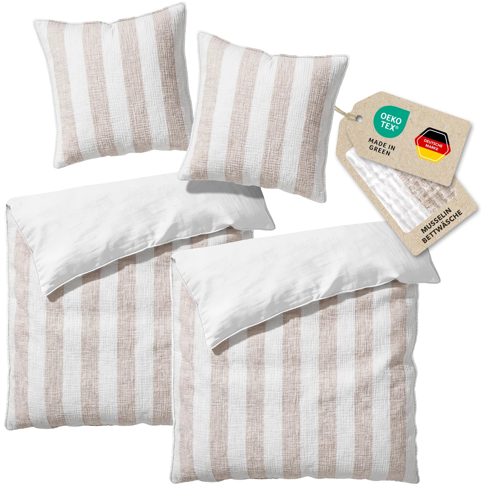 Musselin Bettwäsche  - Beige - Gestreift  2x155x220 80x80 cm