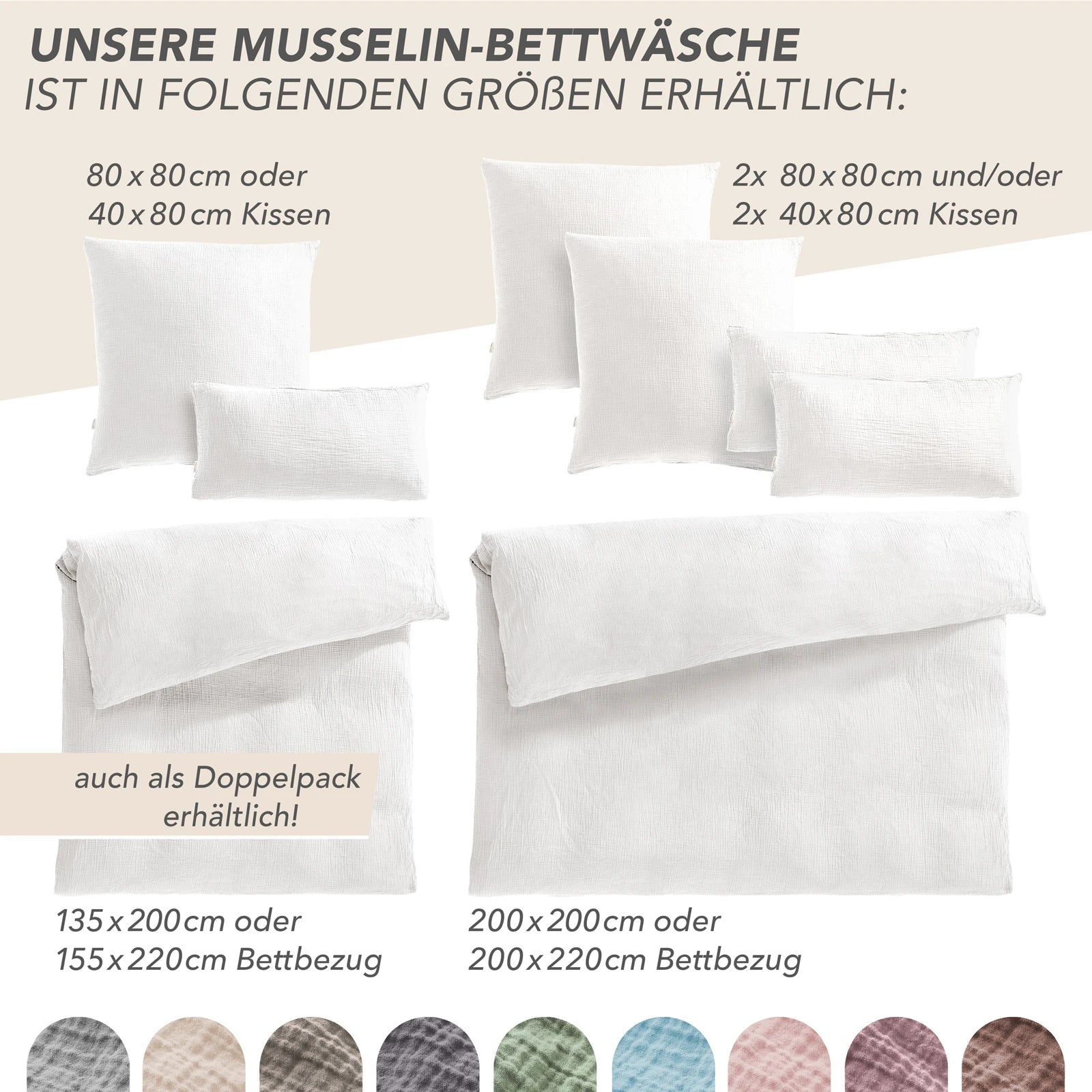 Musselin Bettwäsche Sets - Weiß - 2x155x220 + 2x80x80 cm