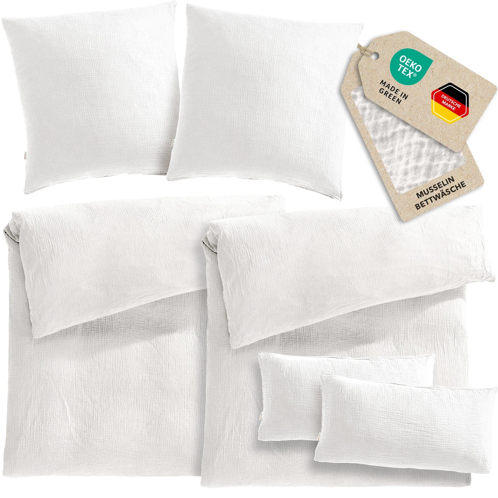 Musselin Bettwäsche Sets - Weiß - 2x135x200 + 2x80x80 + 2x40x80 cm